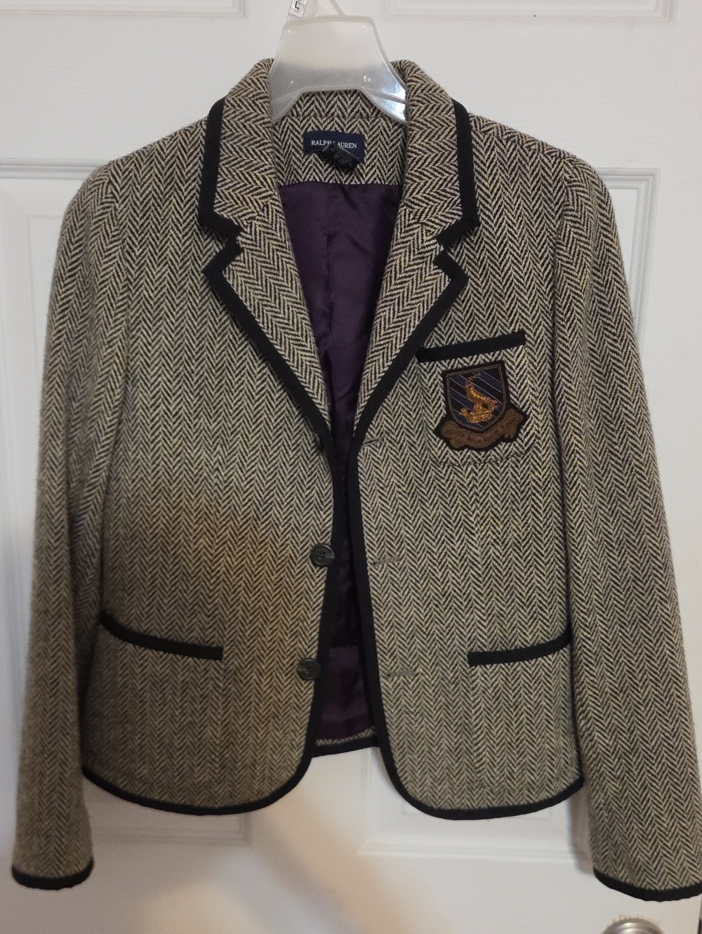 VINTAGE Y2K Ralph Lauren Beige Herringbone Blazer with Black Trim Childrens 16